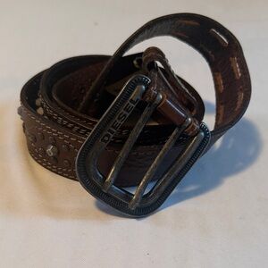 Diesel Men’s Dark Brown Leather Studded Belt with Brushed Metal Buckle